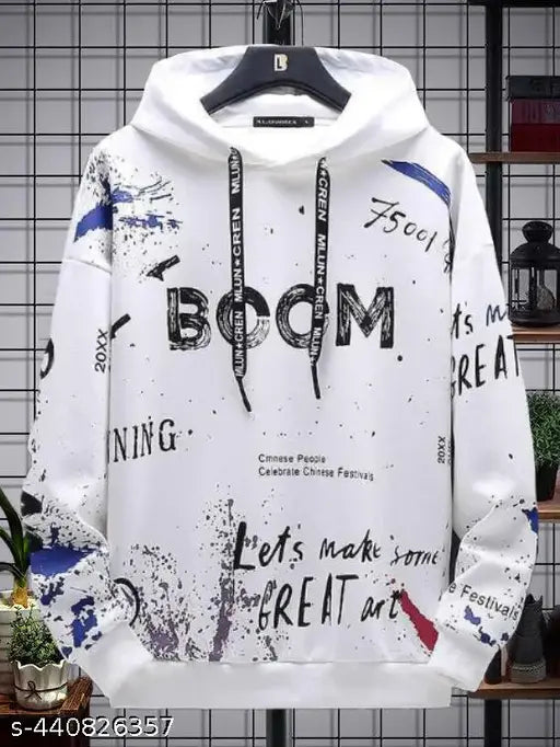 Men White Printed Hoodie
